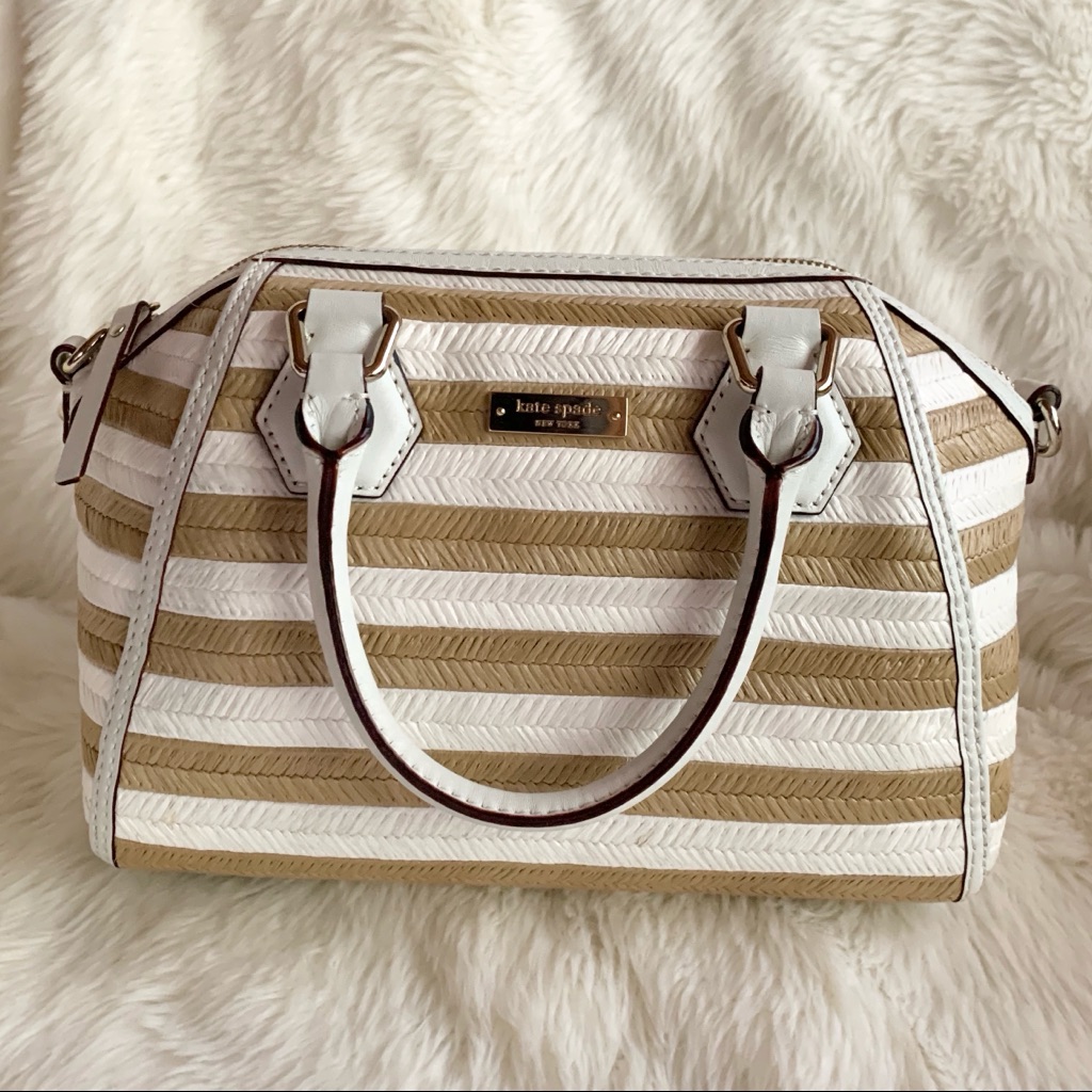 Kate Spade Catherine Street Pippa Striped Satchel Handbag In Tan And White
